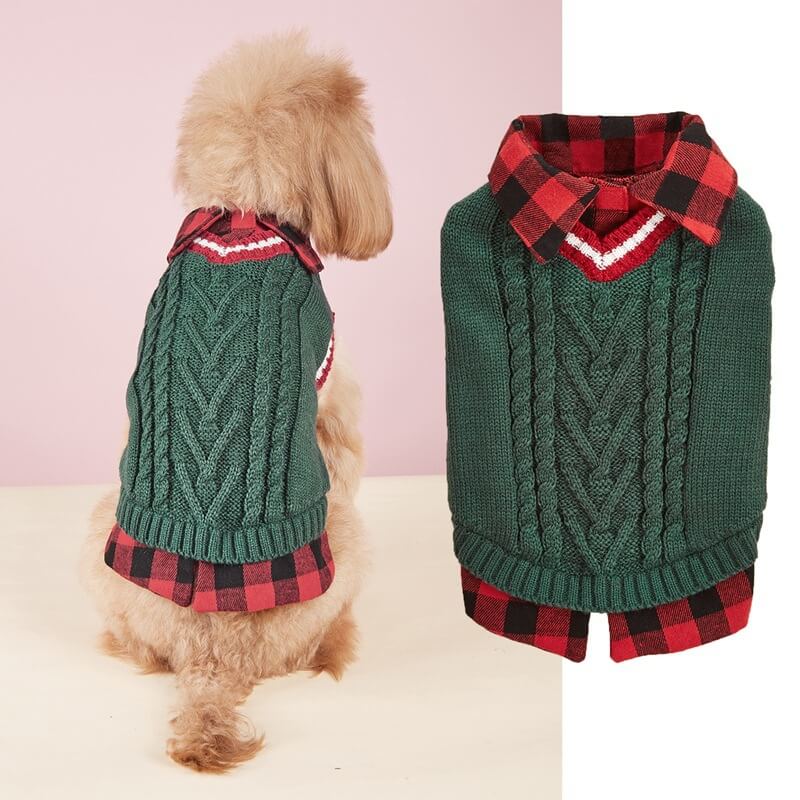 Perfect for Fall Winter Plaid Collar Cable Knit Dog Sweater Vest