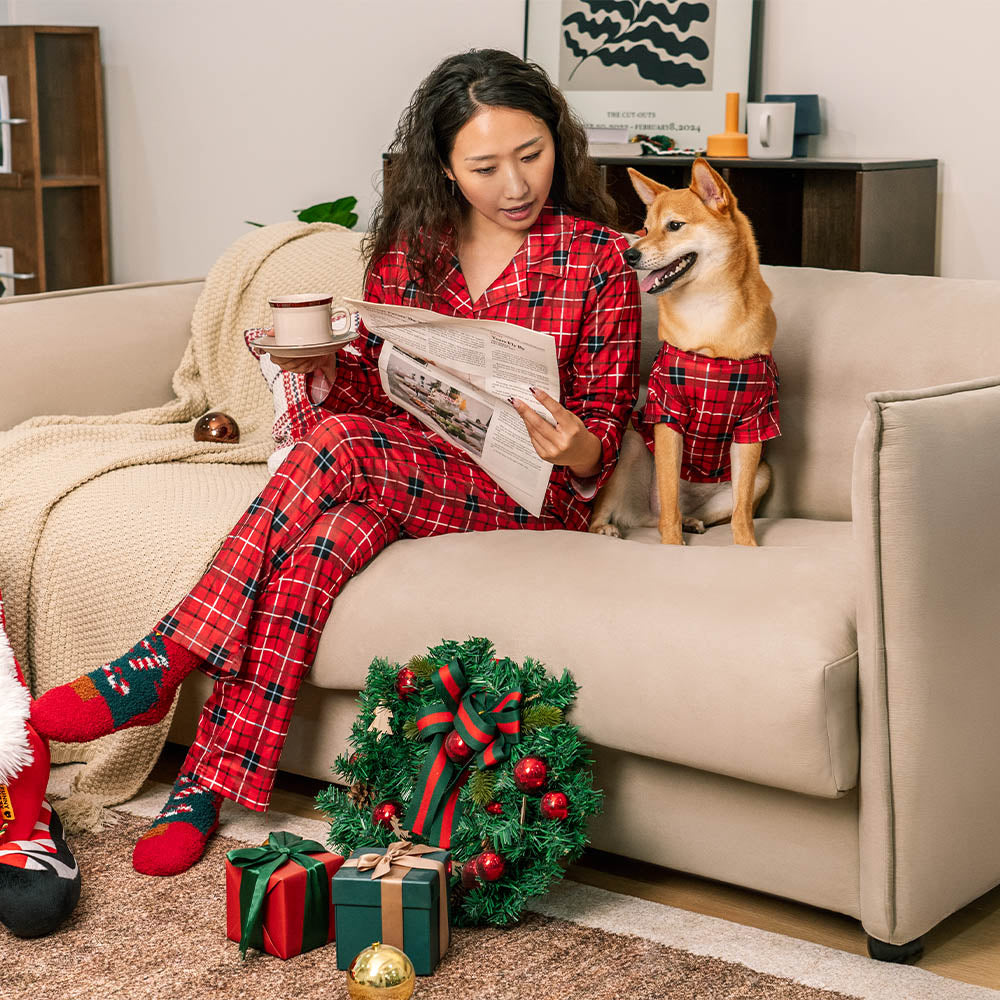 Christmas Red Checkered Full-Body Skin-Friendly Matching Pajamas for Dog and Owner