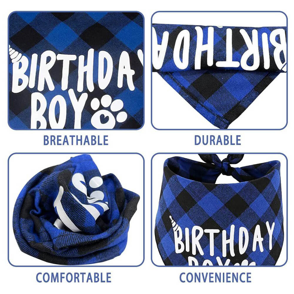 Party-Set zum Geburtstag eines Hundes für Jungen und Mädchen – blau kariertes Bandana und Hut mit Zahlenaufklebern