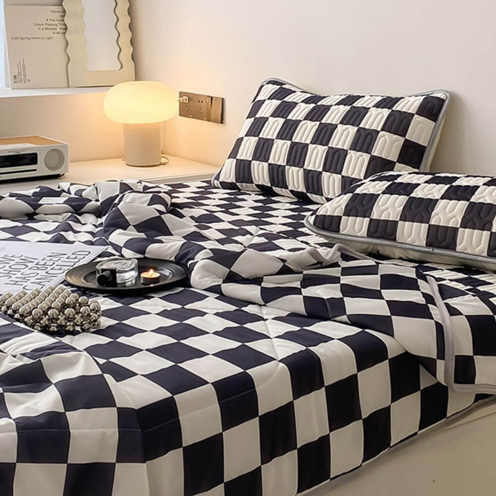 Checkerboard Latex Ice Silk Bedding Fitted Sheet Mattress Cover