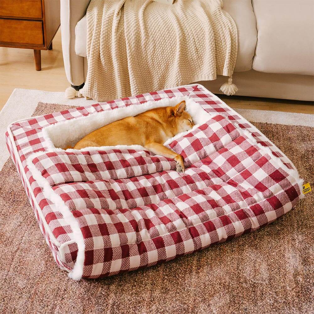 Classic Plaid Ergonomic Calming Dog Bed - Expandable＆Washable