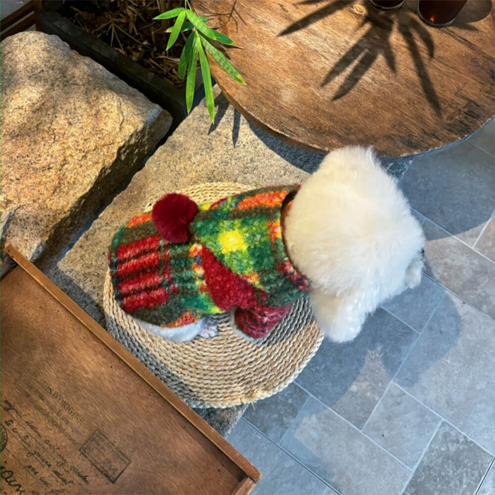 Christmas Plaid Woolen Warm Pom Pom Hooded Dog Coat