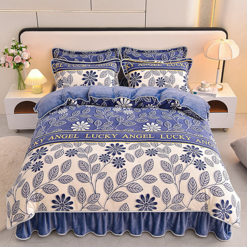 Floral Elegance Milk Velvet Bed Sheet Set with Bed Skirt