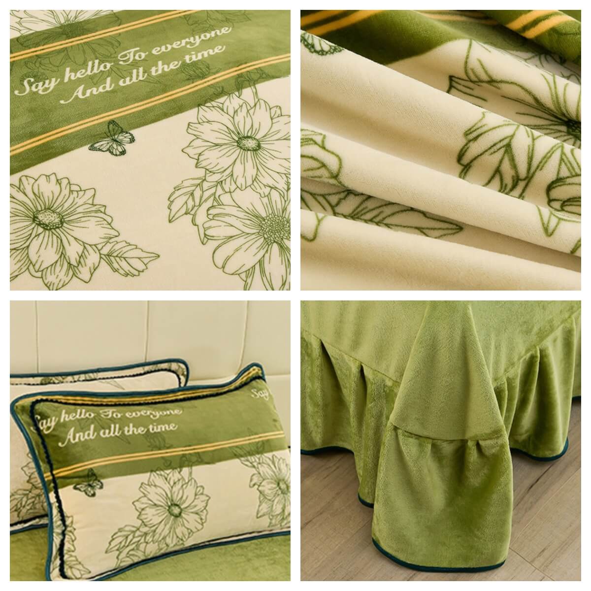 Floral Elegance Milk Velvet Bed Sheet Set with Bed Skirt