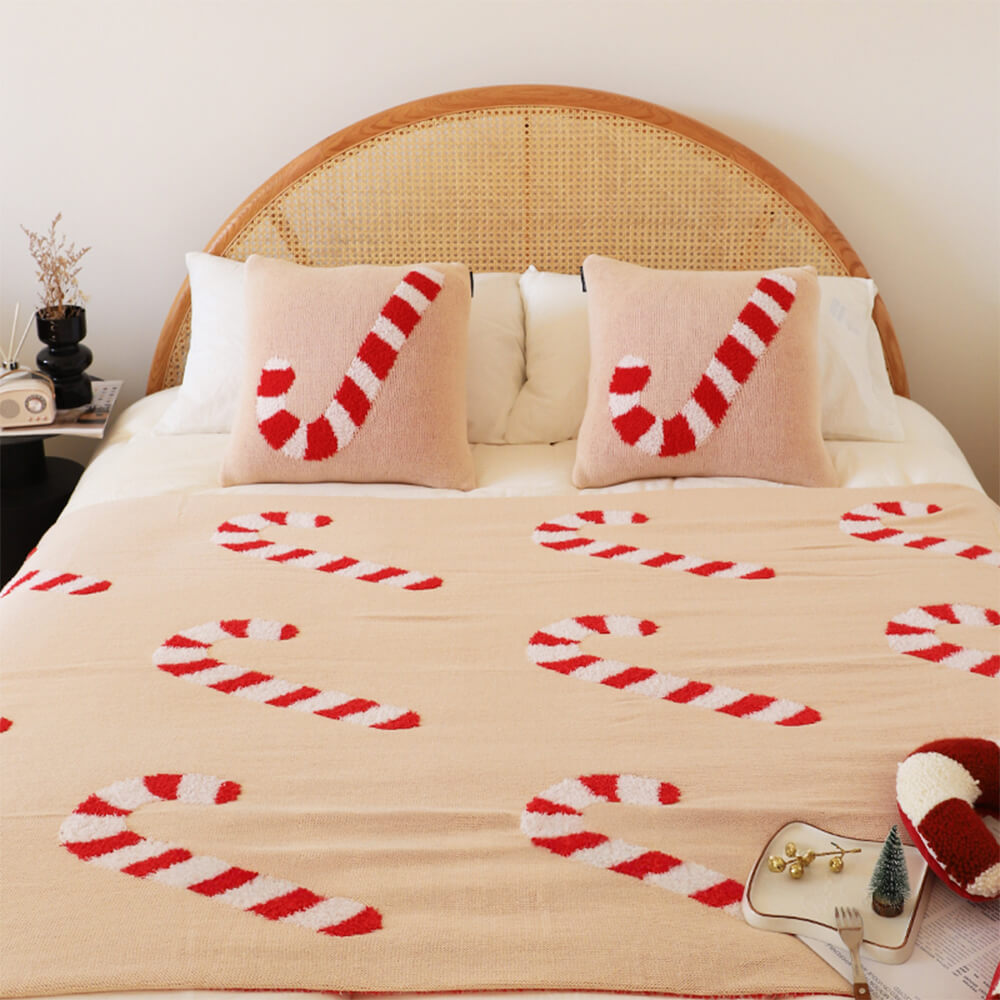 Christmas Candy Cane Cozy Knit Throw Blanket with Pillow