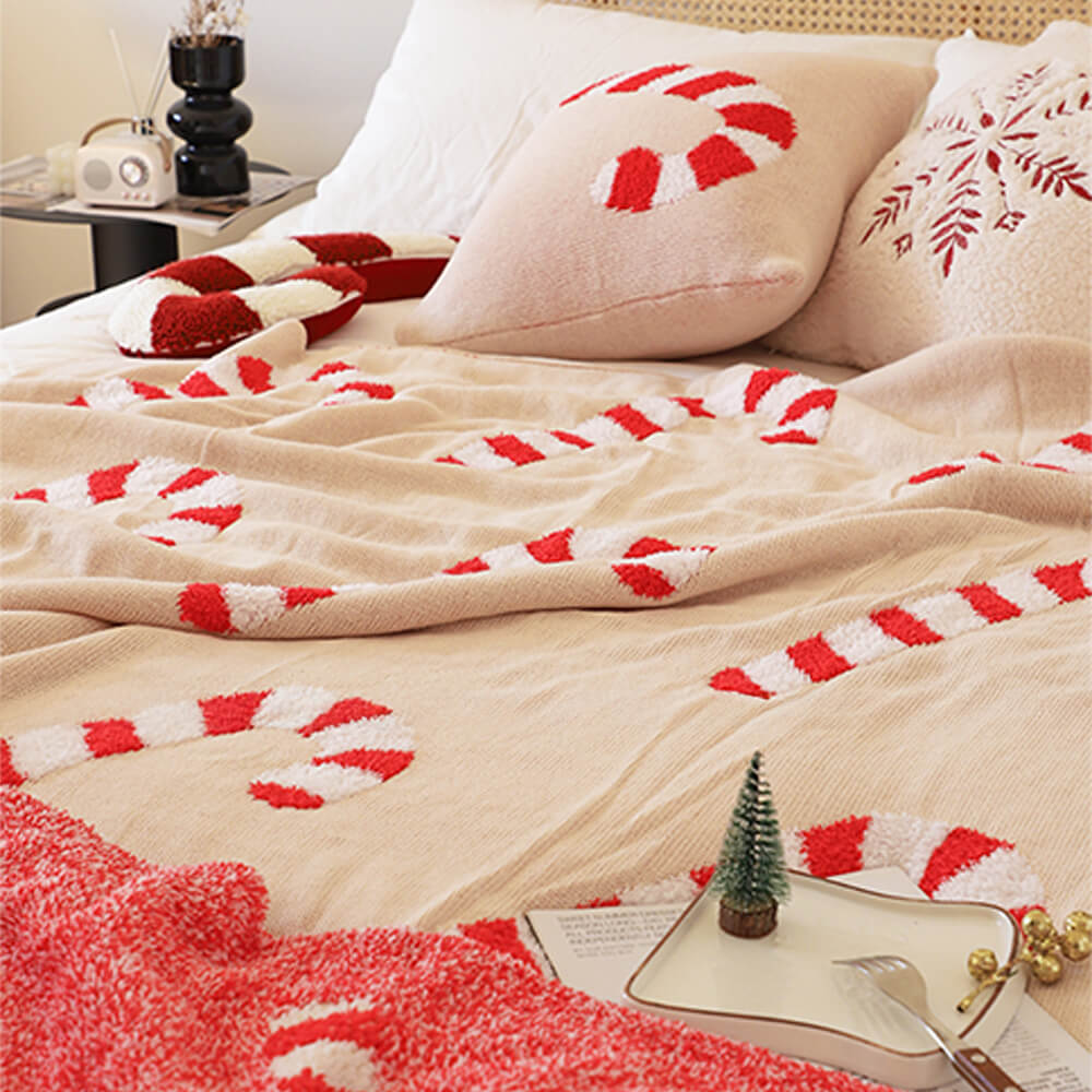 Christmas Candy Cane Cozy Knit Throw Blanket with Pillow