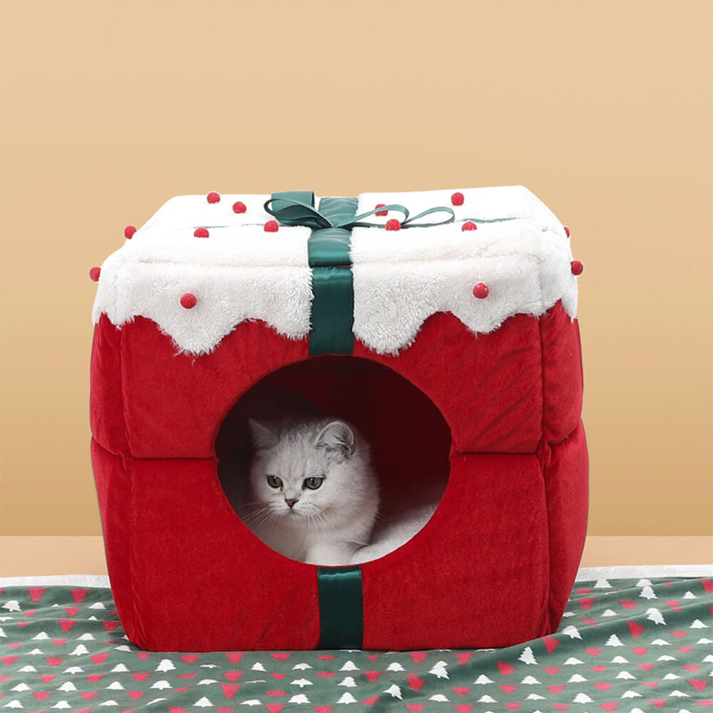 Christmas Gift Box Warm Sleeping Semi-Enclosed Cave Dog & Cat Bed