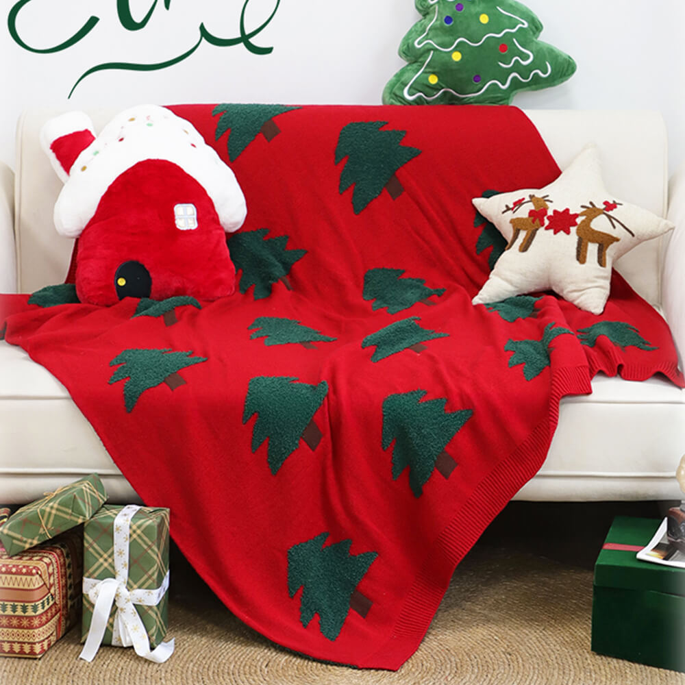 Festive Christmas Tree Pattern Knitted Throw Blanket with Pillow