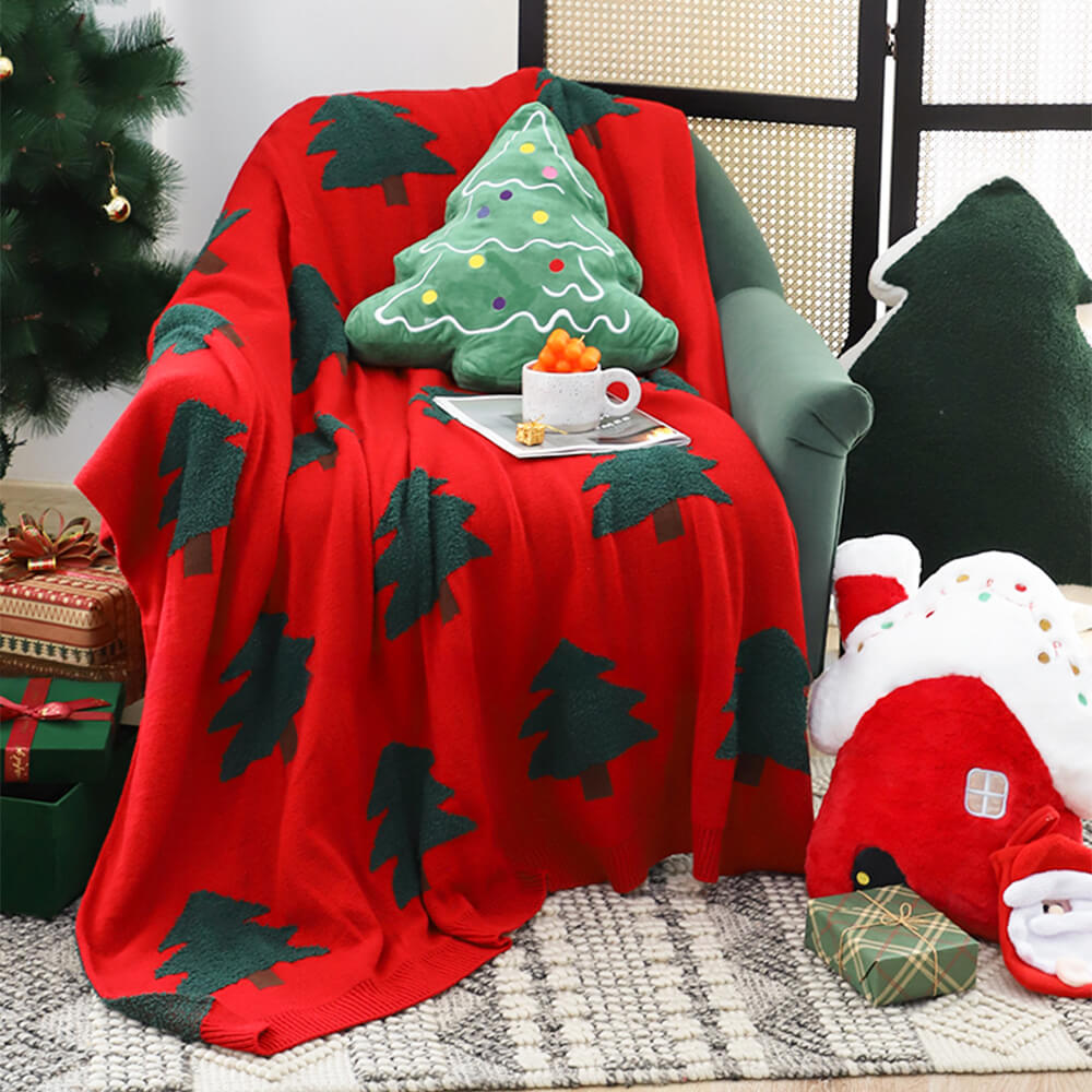 Festive Christmas Tree Pattern Knitted Throw Blanket with Pillow