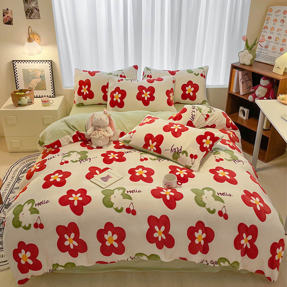 Fashion Floral Print Milk Velvet Comfort Anti-Static Bed Sheet Set