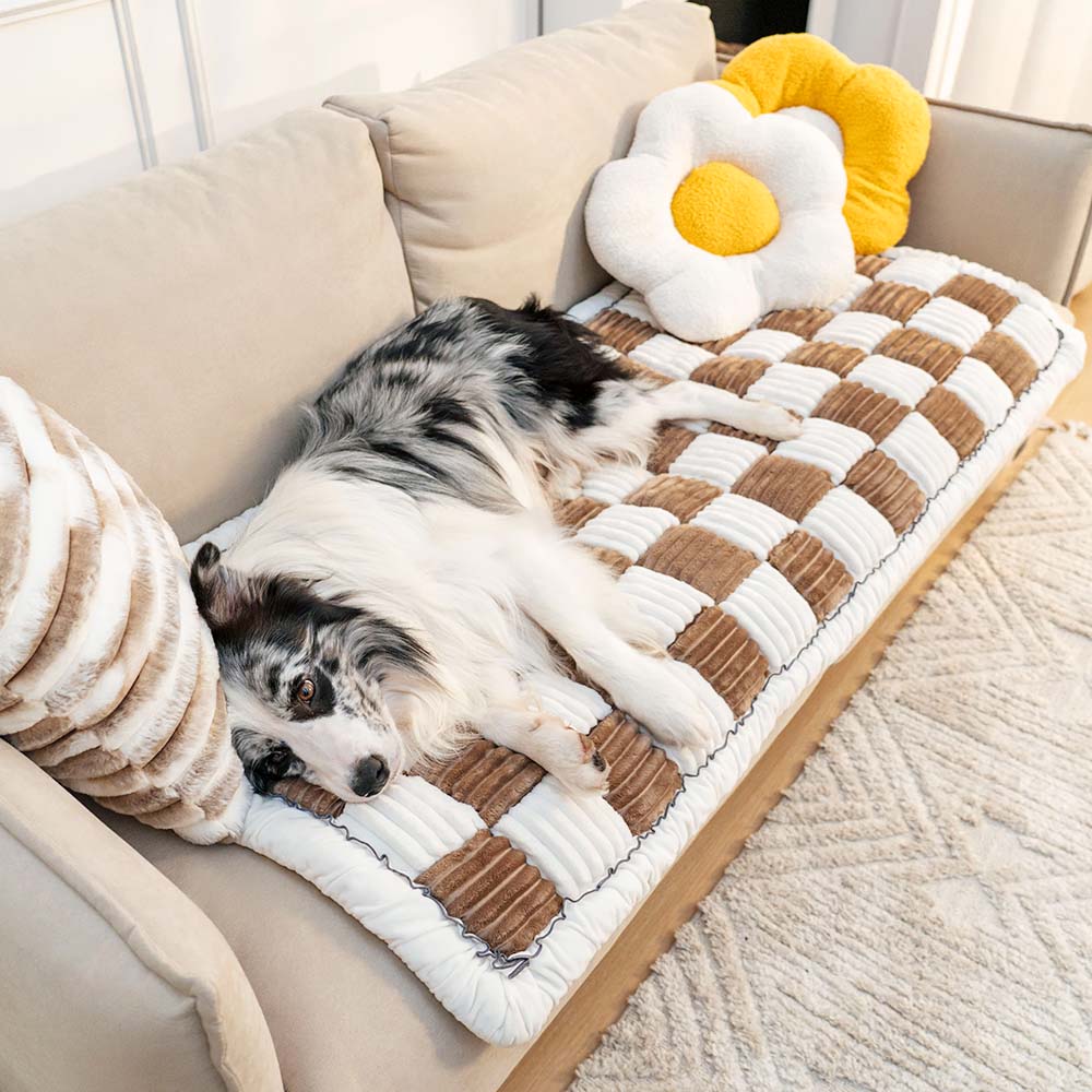 Cream-colored Large Plaid Square Fuzzy Pet Dog Mat Bed Couch Cover Home Bundle