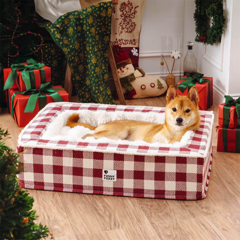 Festive Classic Tartan Cozy Dog Anti-Anxiety Calming Bed