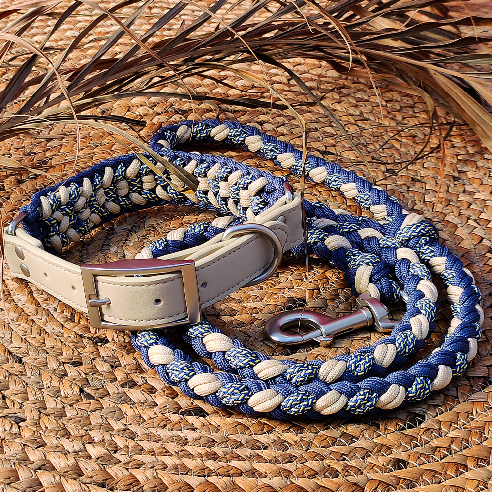 Hand-Woven Leather Multifunctional Anti-Pull Dog Collar and Leash Set