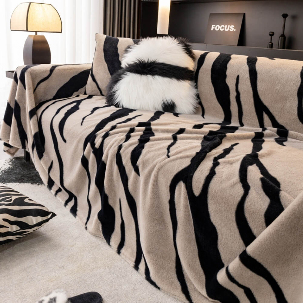 Luxurious Zebra-Print Fluffy Plush Sofa Protector Stylish Couch Cover