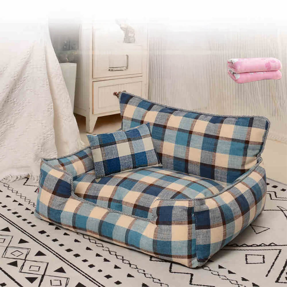 Vintage Plaid Warm Removable Washable Dog & Cat Sofa Bed Matching Blanket Pillow