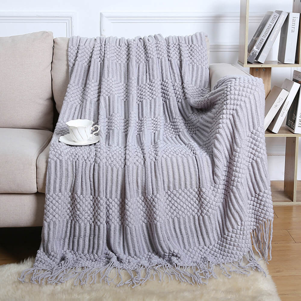 Luxuriously Soft Cozy Knitted Fleece Fringed Edges Throw Blanket