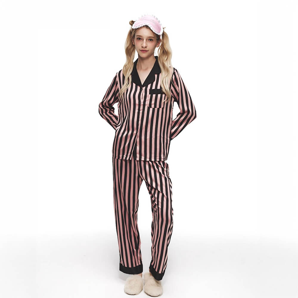 Striped Series Ice Silk Skin-Friendly Long Sleeve Couples Pajama Set