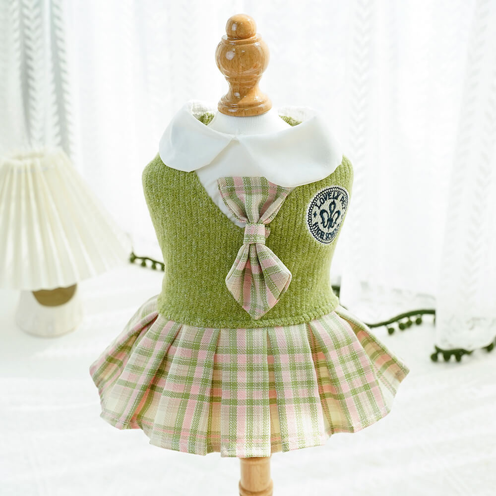 Plaid Schoolgirl Dog Dress with Collar and Tie