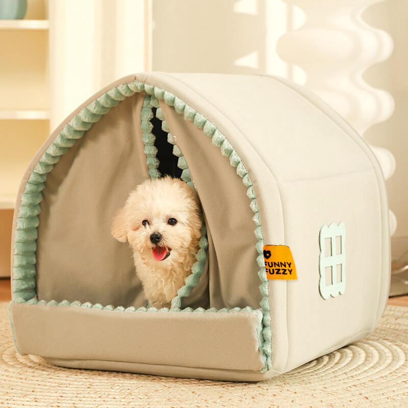 Double Curtain Pet House Enclosed Dog Bed